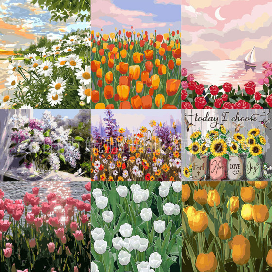 ID:689 - Tulips, daisies, flowers, healing diy digital oil paintings, factory direct sales, coloring oil paintings, handmade gifts